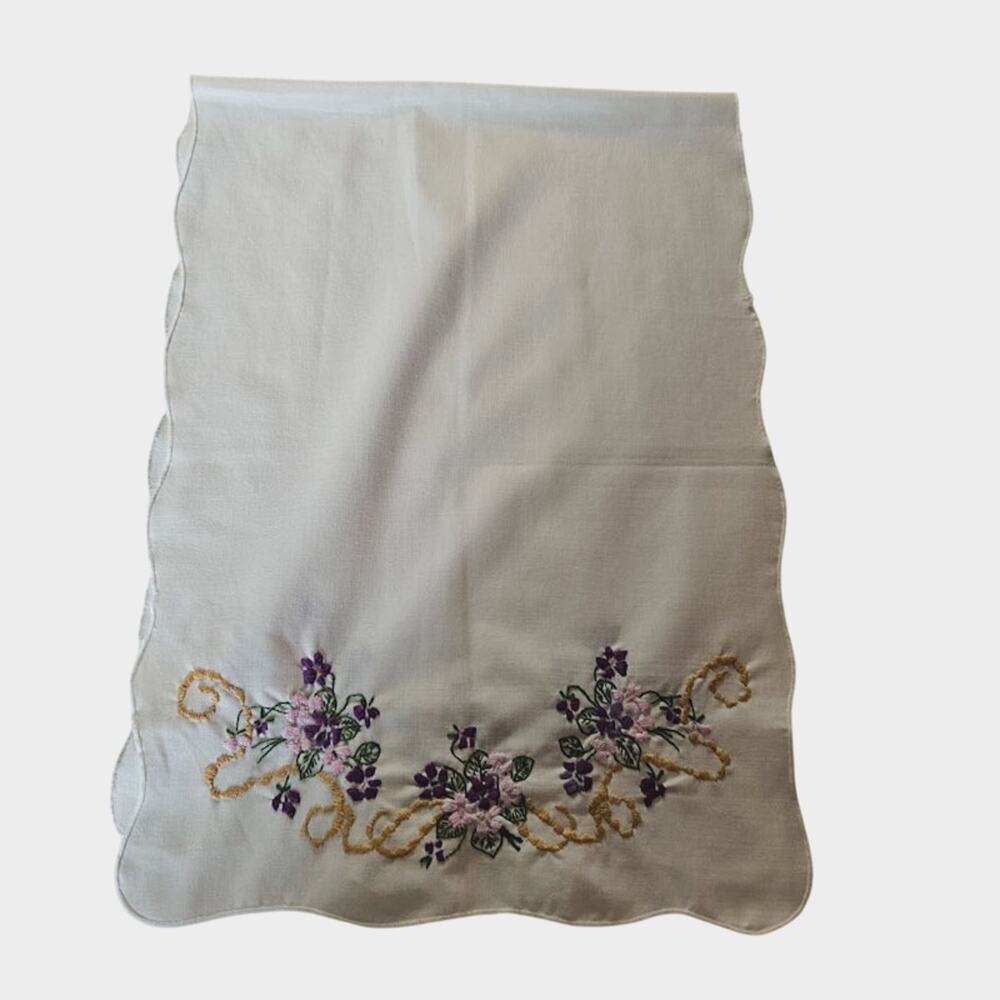 Vintage Hand Embroidered Purple Floral Table Runner 43 x 14.5 Spring Easter